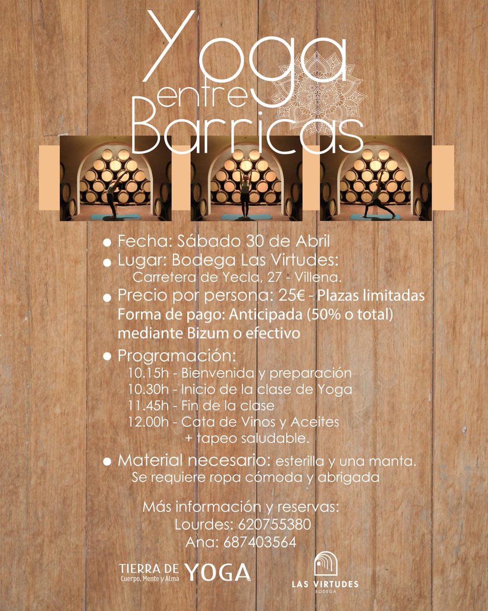 bodegavirtudes's tweet photo. 🕉YOGA ENTRE BARRICAS🕉
Una experiencia para despertar tus sentidos y crear consciencia.
Fecha: sábado 30 de Abril
Hora: 10.15h
Lugar: Bodega Las Virtudes - Villena
Organiza: @tierradeyoga

@rvalicante @Vinos_ALICANTE @TurismoVillena 
#yogayvino #tierradeyoga #yogawine https://t.co/Lu1z1xUkpQ