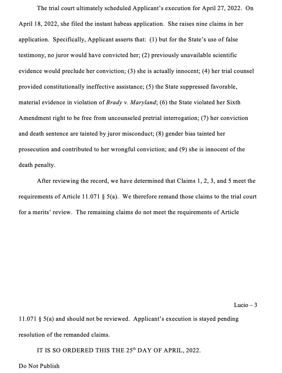 jsmccullou's tweet photo. Breaking: The Texas Court of Criminal Appeals halts Melissa Lucio's execution, order lower court to weigh her actual innocence claims.

Story to come. https://t.co/i09tgPsR3z