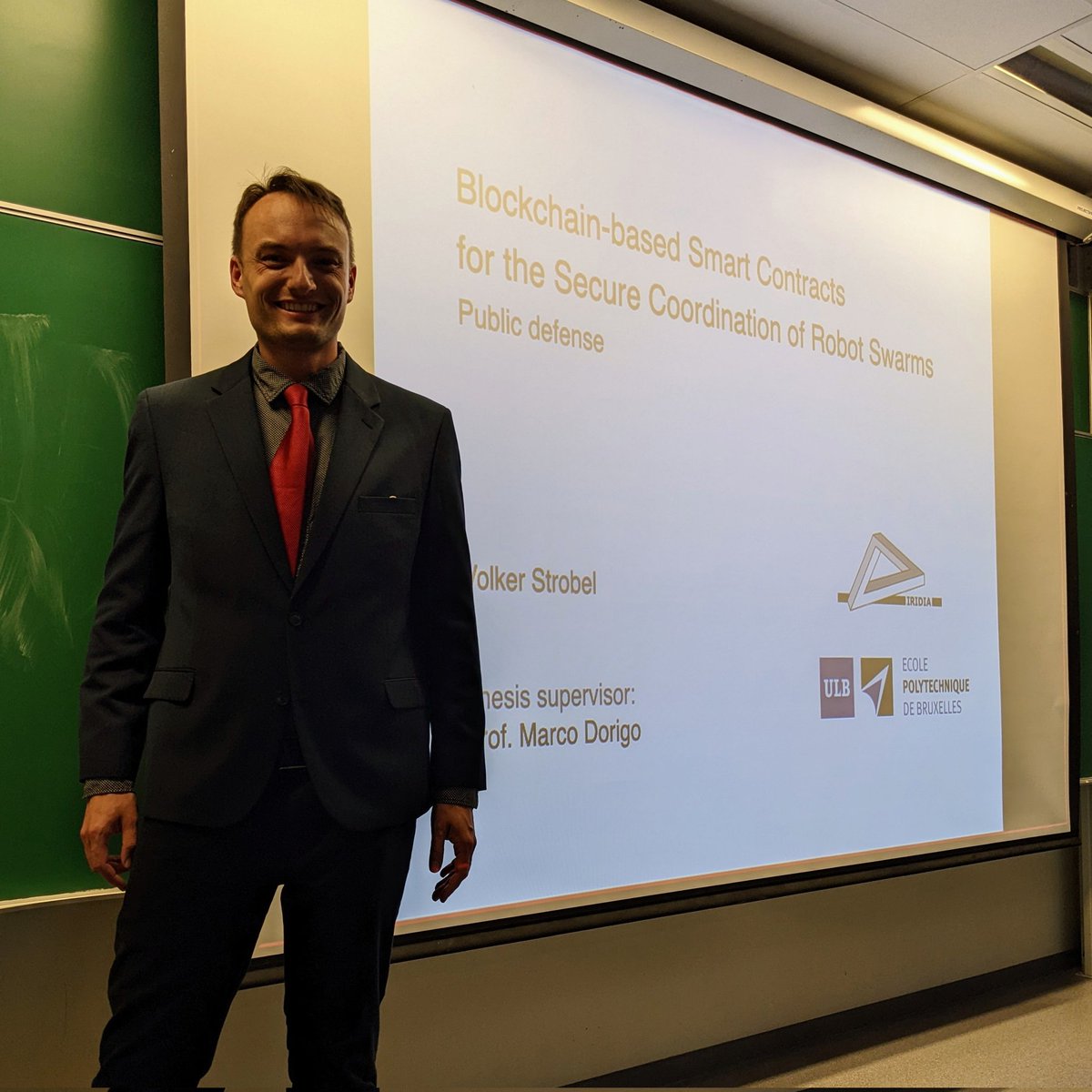 Congratulations to Volker Strobel (@Pold1987) who just defended his PhD thesis "Blockchain-based Smart Contracts for the Secure Coordination of Robot Swarms". Great job Dr. Strobel!