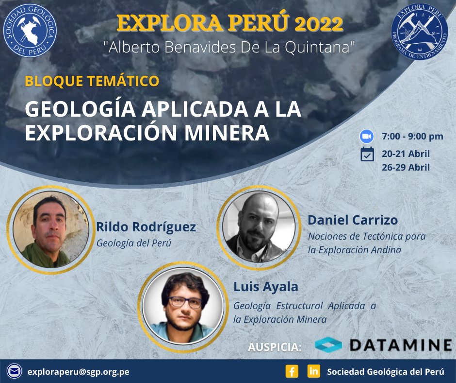 Sociedad Geológica (@socgeoperu) on Twitter photo 🔴#BLOQUE_TEMÁTICO | Semana de la Geología Aplicada a la Exploración Minera.
Programa de Entrenamiento Explora Perú 2022
Edición “Alberto Benavides De La Quintana”
#SomosExploraPerú2022
#Entrenamiento
#Universidades
#Geociencias
Informes: exploraperu@sgp.org.pe 🔴#BLOQUE_TEMÁTICO | Semana de la Geología Aplicada a la Exploración Minera.
Programa de Entrenamiento Explora Perú 2022
Edición “Alberto Benavides De La Quintana”
#SomosExploraPerú2022
#Entrenamiento
#Universidades
#Geociencias
Informes: exploraperu@sgp.org.pe
