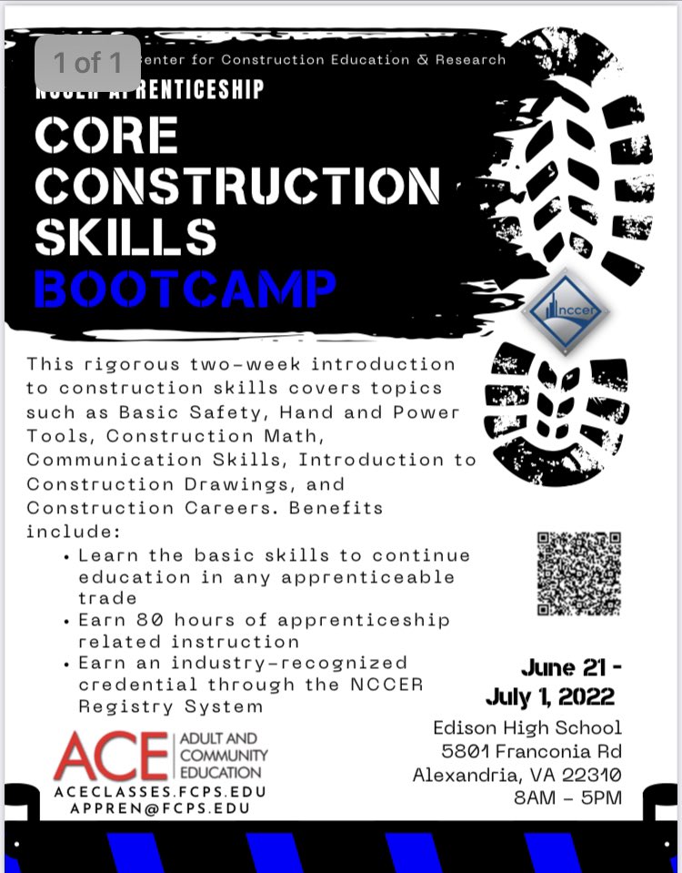 The Core Construction Skills Bootcamp is a 2 week intro class where students learn skills to get an entry level construction job or continue into an apprenticeship. C/O ‘22 grads can apply. Scholarships to help cover cost available. Deadline: 6/18. <a href="/WPHSSS/">WPHSStudentServices</a> <a href="/westpo22/">West Potomac ‘22</a> <a href="/theWPboard/">West Potomac HS (we/they/them)</a>