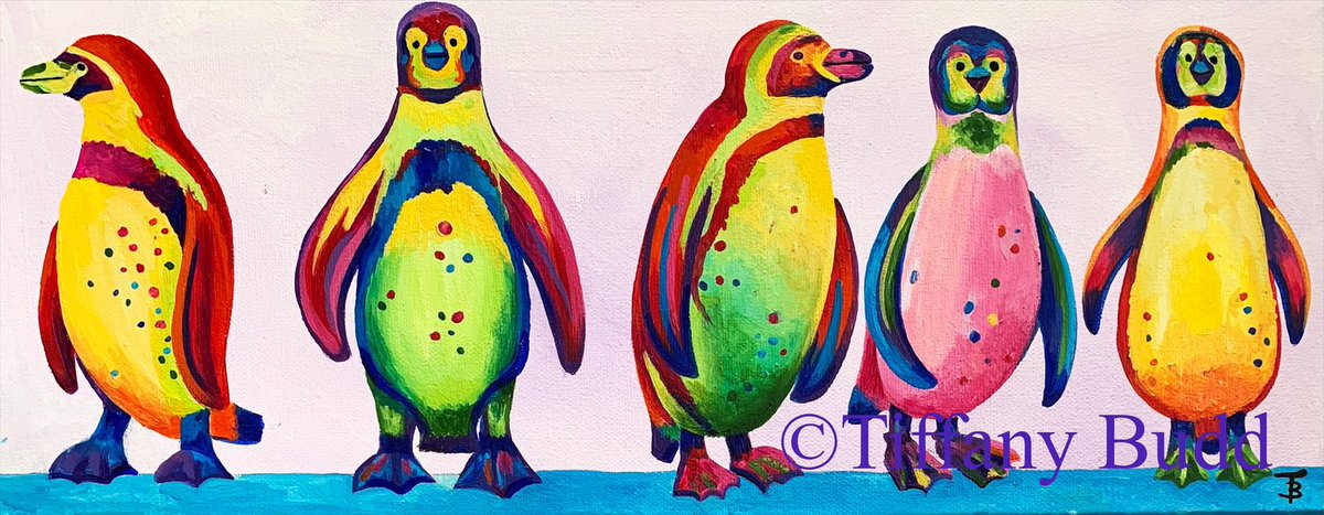 It’s #WorldPenguinDay Have your own little waddle of penguins in your home! tiffanybudd.bigcartel.com/product/rainbo… #sbs #womaninbizhour #mhhsbd #art #PenguinDay #rainbow #painting