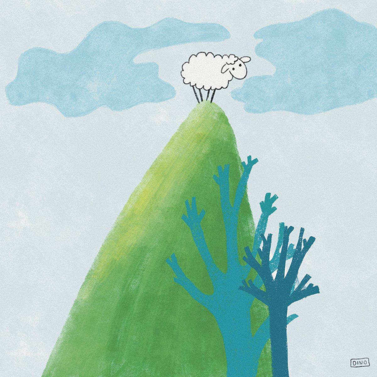 illustration of a sheep standing on top of a tall hill with two trees in front of it