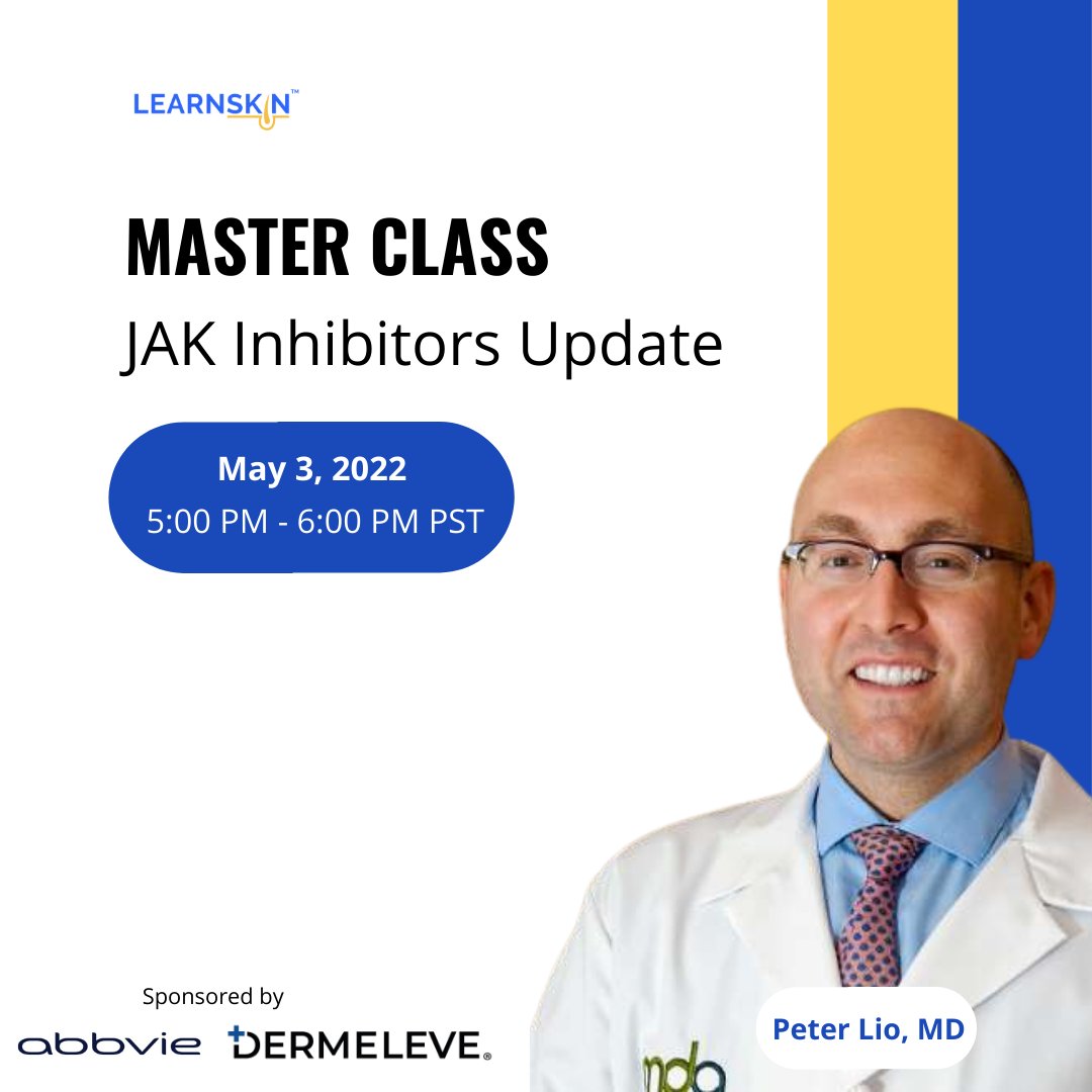 learnskin's tweet photo. Join Dr. Peter Lio in this upcoming non-CME master class for his comprehensive review of the scientific and clinical evidence for topical and systemic JAK inhibitors in AD treatment.

Live attendees will be entered into a prize drawing - https://t.co/hdG1BFSUTP 

#LearnSkin https://t.co/RvAdZOwOAo