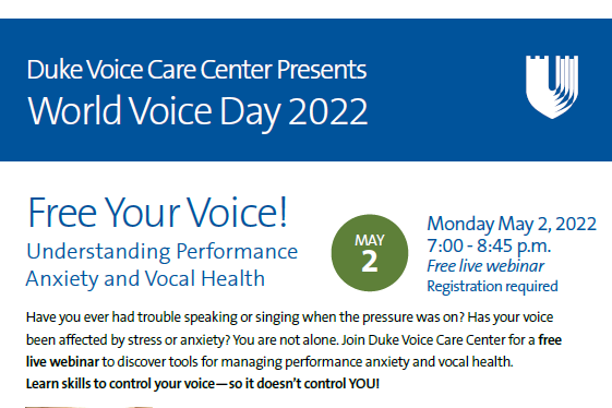 The <a href="/DukeVoiceCare/">Duke Voice Care Center</a> is hosting a free live webinar on World Voice Day to help you better understand performance anxiety and vocal health. ow.ly/XXmc50IQaqp
<a href="/DukeHealth/">Duke Health</a>