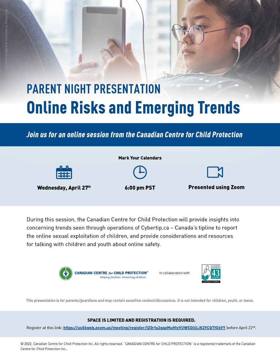 The Canadian Centre for Child Protection and SD43 invites familes to attend the Online Risks and Emerging Trends Parent Night Presentation on April 27, 6 pm on Zoom. RSVP today! us06web.zoom.us/meeting/regist…