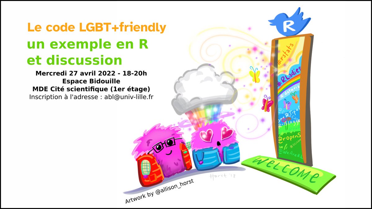 Dans le cadre de cette semaine, ABL propose un petit atelier de réflexion sur le code inclusif avec un exemple en R. Et, surtout, il y a un pot ! C'est mercredi de 18h à 20h dans notre espace à la MDE cité scientifique.