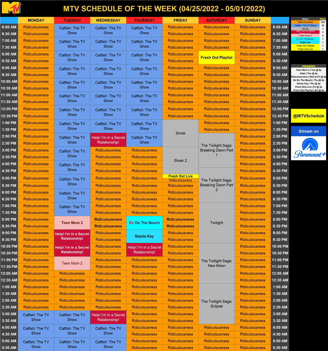 MTVSchedule's tweet photo. Here's MTV schedule for the week of 04/25/2022!

Highlights:
Premiere of "Help! I'm In A Secret Relationship!" on Tuesday @ 9p

#MTVSchedule2022 #week17 https://t.co/tvaSxJRAbD