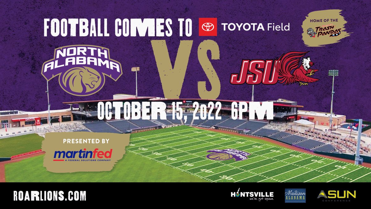 🚨 Get excited Lion Fans‼️ North Alabama Football is coming to Toyota Field, Home of the Trash Pandas‼️

🆚Jacksonville State 
📅October 15, 2022
⏰6:00pm
🎟️Season Tickets &amp; Renewals go on sale tomorrow! Individual tickets will go on sale to the public July 18th

#RoarLions