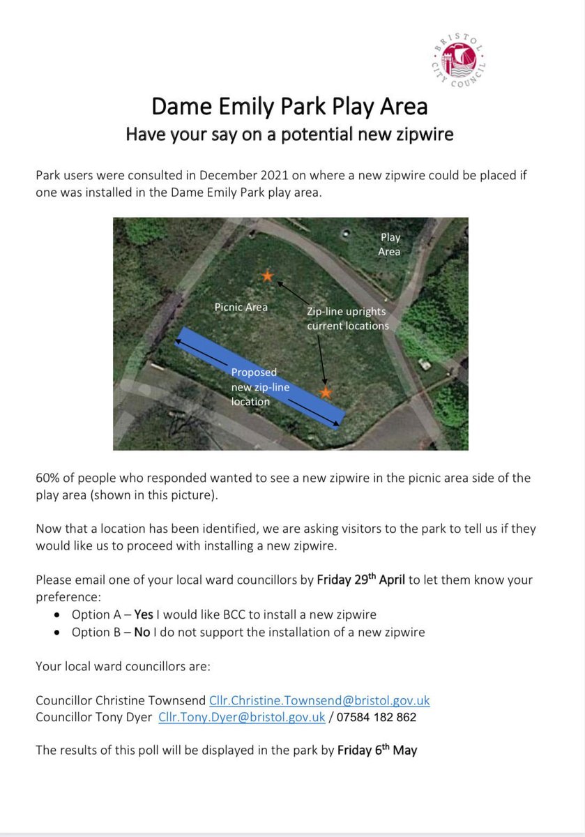 Have your say - get in touch with Christine or Tony by Friday to share your thoughts on a new zipwire in Dame Emily Park.