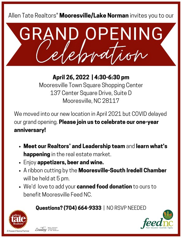 Join us tomorrow for Allen Tate's Ribbon Cutting and Grand Opening for their new location!
.
.
.
#businessnews #smallbusiness #supportlocalbusiness #mooresville #lakenorman #realestate #realtor #homebuyers #networking #grandopening #marketing #advertising #ribboncutting