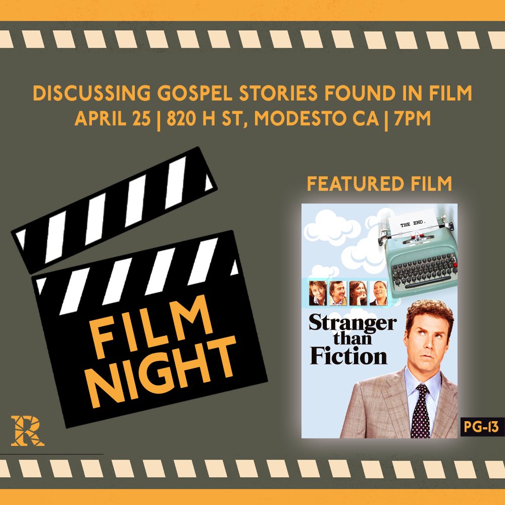 Film Night is tonight! Join us at 7pm as we watch Stranger Than Fiction and discuss the redemptive story found in it, as well as engage in other gospel discussions based upon the film.
