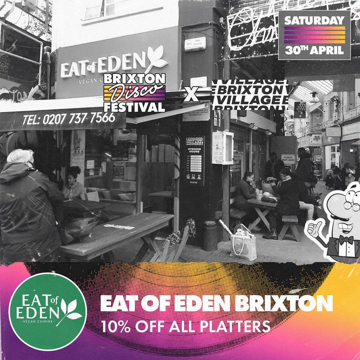 Make sure you come down to #eatofedenbrixron this Saturday (30th April) for <a href="/BrixtonDiscoFvl/">Brixton Disco Festival</a> and receive 10% off all platters! How could you resist vibes and good food