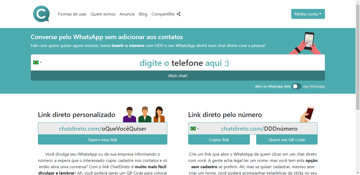 Você ainda adiciona a pessoa na agenda pra poder falar pelo WhatsApp?

Você ainda divulga o WhatsApp da sua empresa informando o telefone número a número, esperando que a pessoa memorize, adicione aos contatos e só então fale com você?

Então conheça o chatdireto.com :)