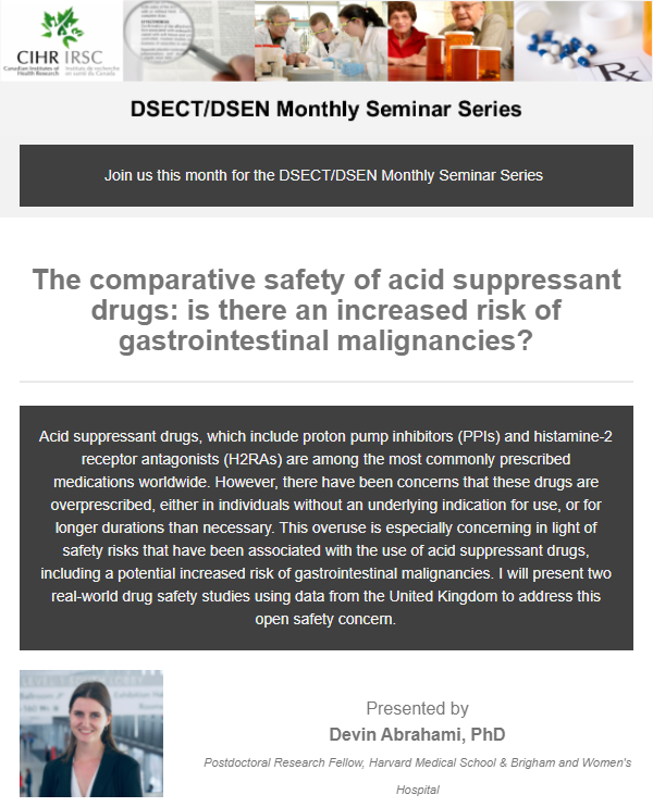 You don't want to miss the DSECT/DSEN Monthly Seminar Series this Thu Apr 28 at 3pm EST! @DevinAbrahami will be presenting on The Comparative Safety of Acid Suppressant Drugs: Is there an increased risk of gastrointestinal malignancies?bit.ly/36JGHaz