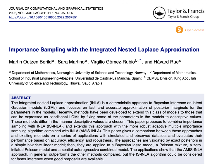 Our paper on using importance sampling with #INLA to fit other types of hierarchical models is now out in the J. of Computational and Graphical Statistics as Open Access!! #INLA Joint work with M. Berild, <a href="/Saramartino4/">Sara martino</a> and H. Rue. <a href="/UCLMdivulga/">UCLMdivulga</a> <a href="/uclm_es/">Universidad de Castilla-La Mancha</a> 

tandfonline.com/doi/full/10.10…