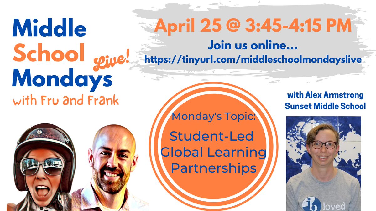 MidSchool Mondays (@camlemsmondays) on Twitter photo Join us TODAY for #MiddleSchoolMondays April 25 @ 3:45 PM Zoom In tinyurl.com/MiddleSchoolMo… with Special Guest Alex Armstrong, IB Coord from Sunset Middle School-- Topic: Facilitating Student-Led Global Service Partnerships
<a href="/ChrisMFrank/">Chris Frank</a>
<a href="/MsFruvellhoff/">Megan Fruvellhoff</a>
<a href="/SunsetMiddle/">Sunset Middle School</a> Join us TODAY for #MiddleSchoolMondays April 25 @ 3:45 PM Zoom In tinyurl.com/MiddleSchoolMo… with Special Guest Alex Armstrong, IB Coord from Sunset Middle School-- Topic: Facilitating Student-Led Global Service Partnerships
<a href="/ChrisMFrank/">Chris Frank</a>
<a href="/MsFruvellhoff/">Megan Fruvellhoff</a>
<a href="/SunsetMiddle/">Sunset Middle School</a>