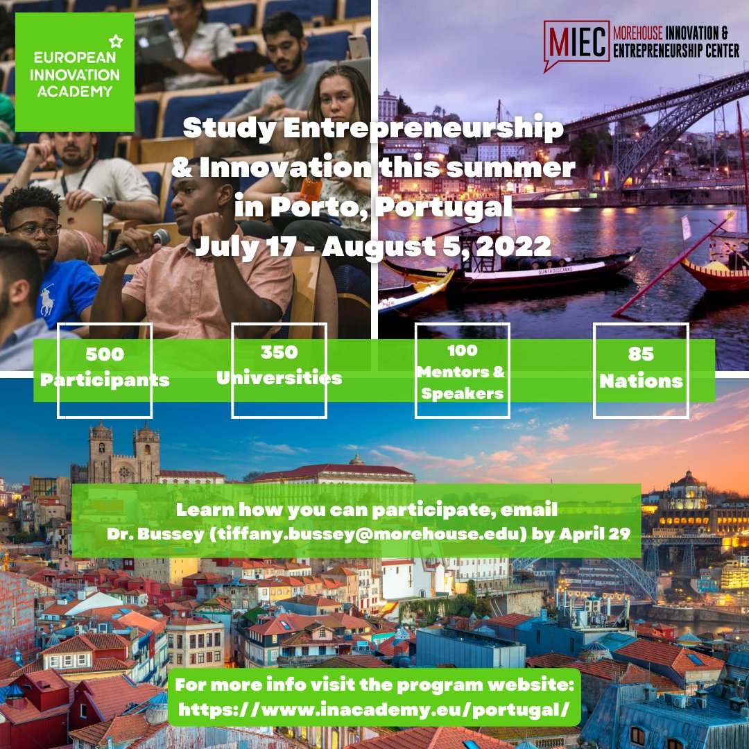 miecenter's tweet photo. Portugal is an awesome country....ever thought about studying entrepreneurship abroad? If so, read this flyer for how you can make that your reality!
#miecenter #treptalks #morehouse #spelhouse #entrepreneur #eia #studyabroad https://t.co/ufLyOEiX1C