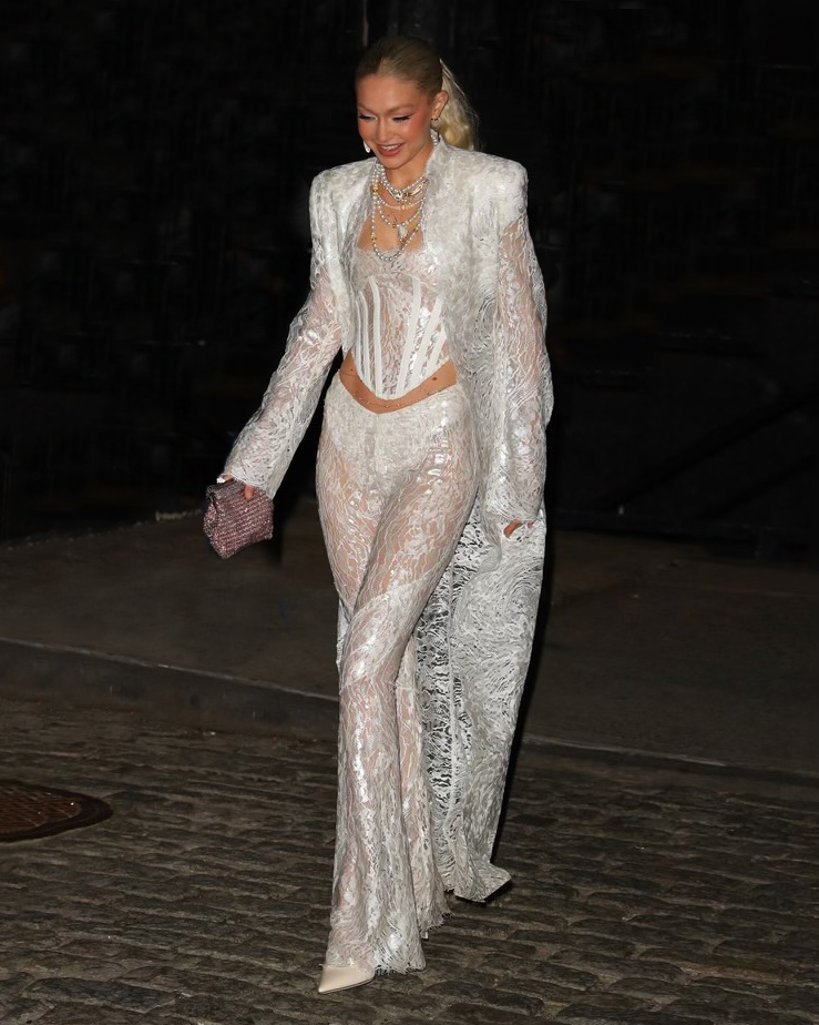 HAPPY BIRTHDAY GIGI HADID WEARING S22 SILICONE WAVE LACE FROCK COAT, CONTOUR CORSET + CONTOUR LACE PANT 