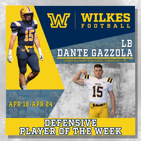 WilkesFootball's tweet photo. 🚨Week 4 Leaders 🚨

SO. OL Alex Sias, Flemington (NJ)
JR. LB Dante Gazzola, Cherry Hill  (NJ)

Final week to be out on the field getting our 1% !! These guys have shown persistent effort throughout the entire spring both on and off the field !!
#BeTheChange https://t.co/cmw8BT0ass