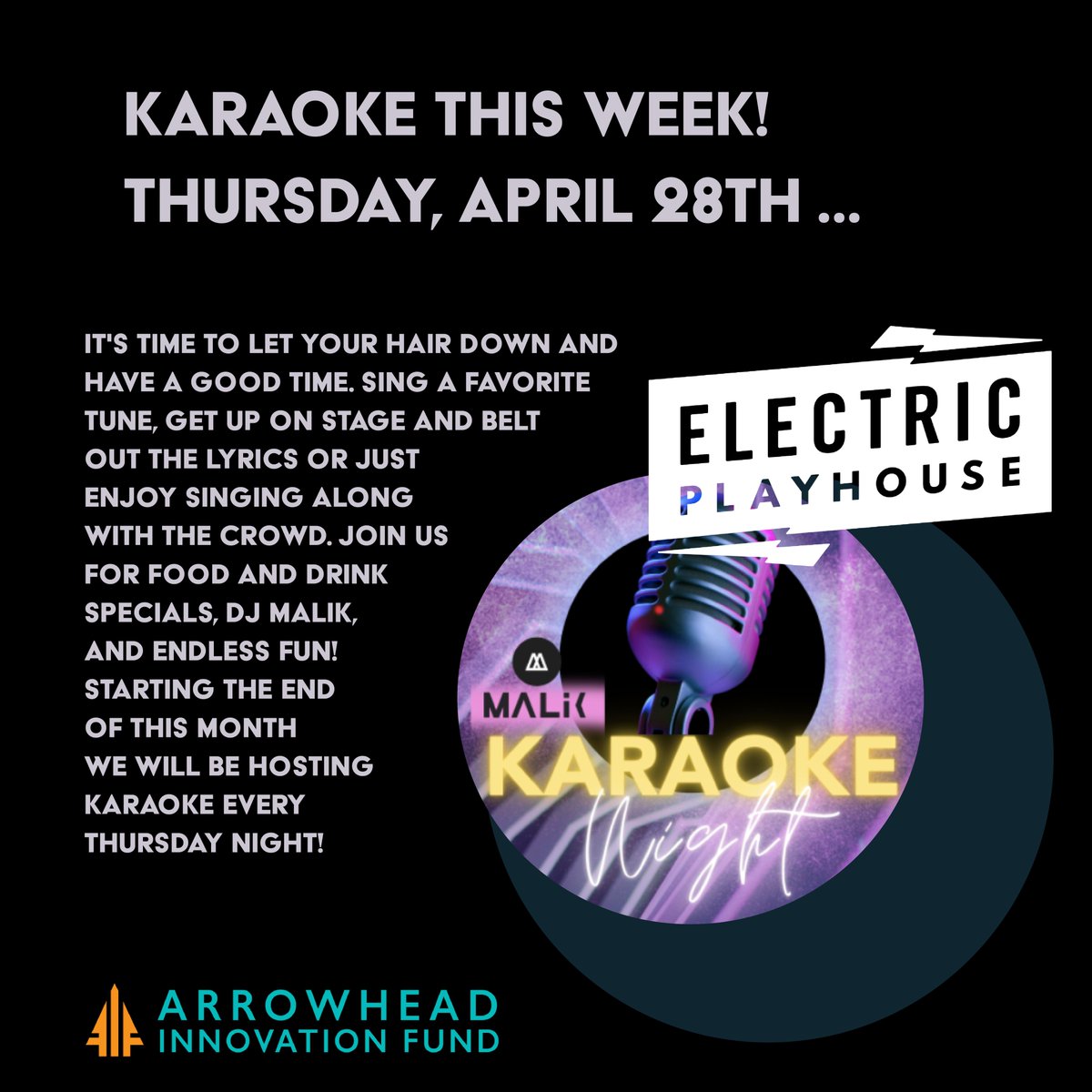 AIF (@arrowheadfund) on Twitter photo Are you ready for karaoke at <a href="/playelectric/">Electric Playhouse</a> this Thursday?
Come out to karaoke every Thursday night for fun, music, and food!
#event #karaoke #music #fun #entrepreneurship #Innovation Are you ready for karaoke at <a href="/playelectric/">Electric Playhouse</a> this Thursday?
Come out to karaoke every Thursday night for fun, music, and food!
#event #karaoke #music #fun #entrepreneurship #Innovation