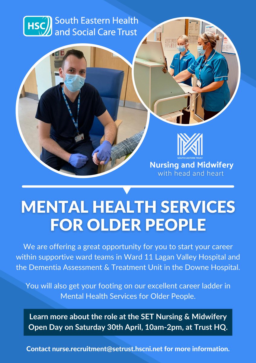 Begin your nursing career with our Mental Health Services for Older People team!

Talk to senior nurses and find out more at our Nursing &amp; Midwifery Open Day:

📆 Sat 30 April, 10am-2pm
🏥 Trust HQ, Ulster Hospital

For more info contact:
📧 nurse.recruitment@setrust.hscni.net