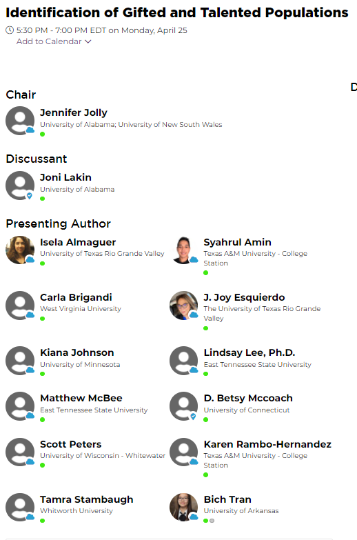 AERA_GiftedSIG's tweet photo. Join our last paper session at #AERA2022 
Marriott Marquis San Diego Marina, South Building, Level 3, Cardiff
2:30pm PT

Thanks to our wonderful Chair, Discussant &amp; Presenters!
@CarlaBrigandi @linellislee @realScottPeters @TunnelOfFire https://t.co/kBtt8jHWG3