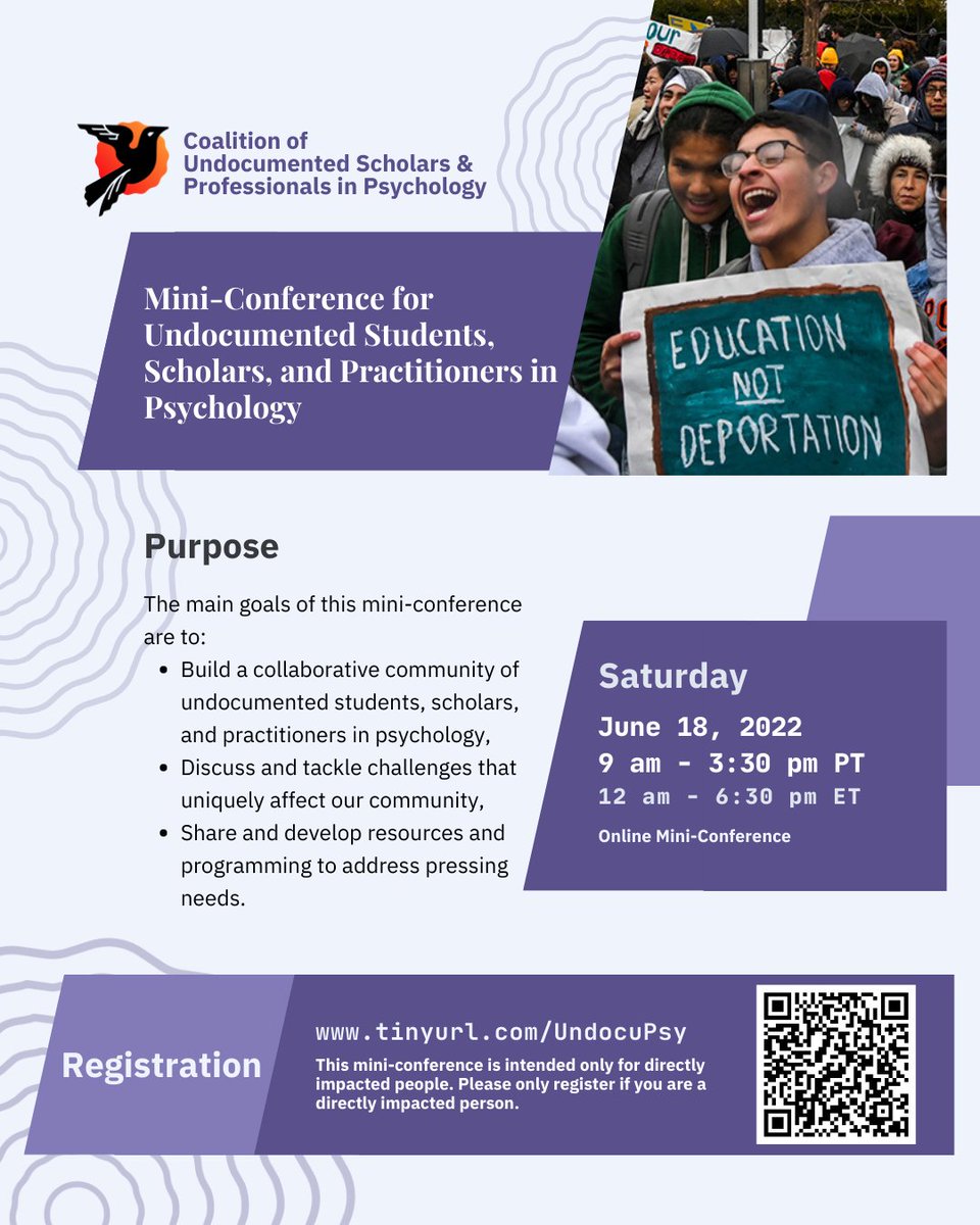 UndocuPsy's tweet photo. Mini-Conference for Undocumented Folks Alert!

Looking for a way to connect with other undocumented scholars in psychology? 

Join CUSPP for our first virtual Mini-Conference for Undocumented Scholars and Practitioners in Psychology! (1/3)

#UndocumentedinPsych https://t.co/v7MAwXinWl