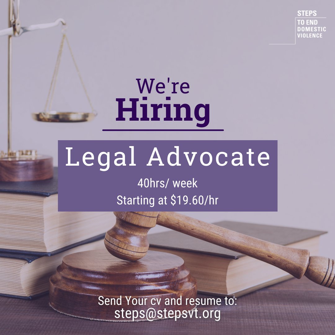 stepsVT's tweet image. We're Hiring!

Steps to end Domestic Violence is looking to hire another Legal Advocate for our legal program!
Applications accepted until May 6th.
Follow the link for the full job description. stepsvt.org/jobs
#werehiring #joinourteam #stepstoenddv