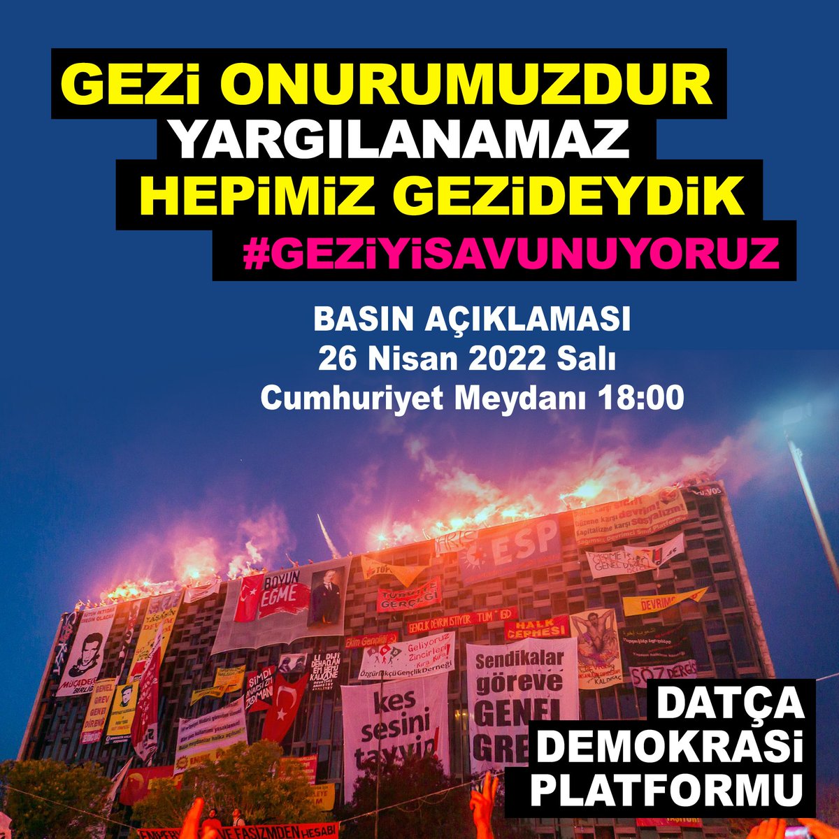 26 Nisan 2022 Salı günü saat 18.00'de Cumhuriyet Meydanı'nda "Gezi Onurumuzdur, Yargılayamazsınız" demek için buluşuyoruz. Basın açıklamasına bütün Datçalılar davetlidir. #GeziyiSavunuyoruz #HepimizGezideydik
