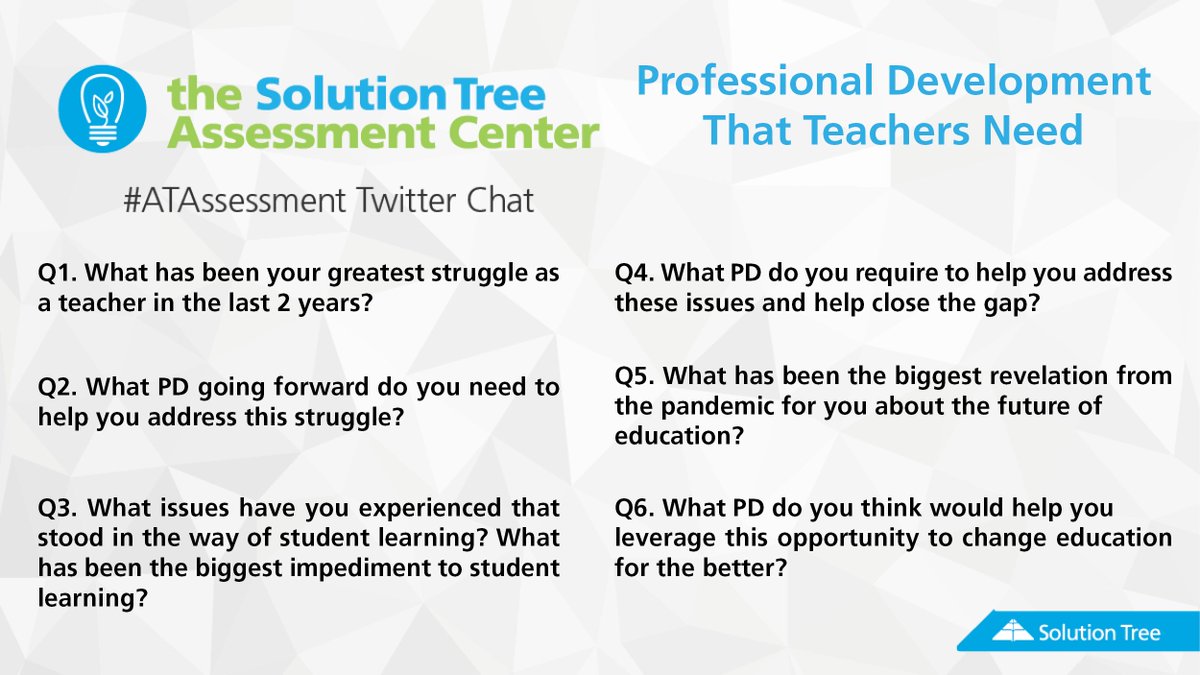 KatieWhite426's tweet image. Join the #ATAssessment chat on Tuesday, April 26 at 6PT/9ET. @kenmattingly is moderating and the questions are all about YOU! Join us and bring a friend. @MandyStalets @AnisaBusby @SolutionTree_CA @SolutionTree