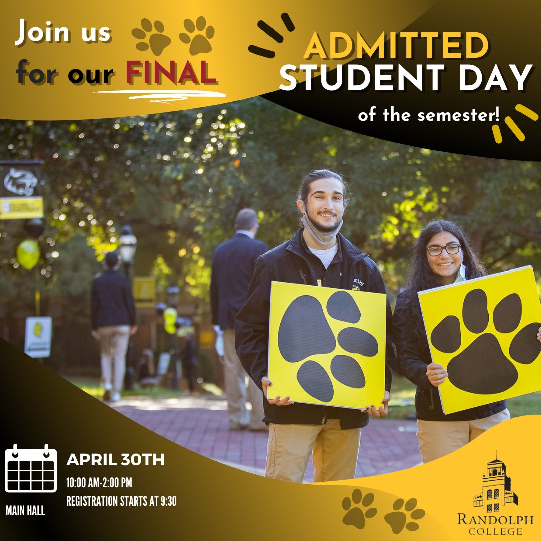 applytorandolph's tweet photo. Hey Seniors! We are hosting our LAST in-person Admitted Students Day of the semester this SATURDAY! Come chat with faculty, staff, current students, and so much more! It's your last look! 🖤💛

Link to register is in the bio! https://t.co/DwrnFMkjtE