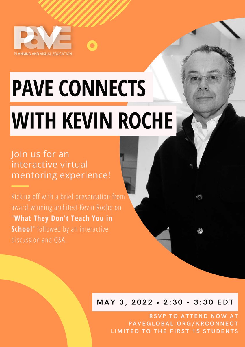 PAVEorg's tweet photo. Students join us for PAVE Connects with Kevin Roche, and find out "What they don't teach you in school." Register now for this all-new interactive, virtual, mentorship experience! (space is limited)
RSVP - https://t.co/8x4lV0bVpq
#supportstudentdesign #virtualmentoring https://t.co/KvfSw8GfCc