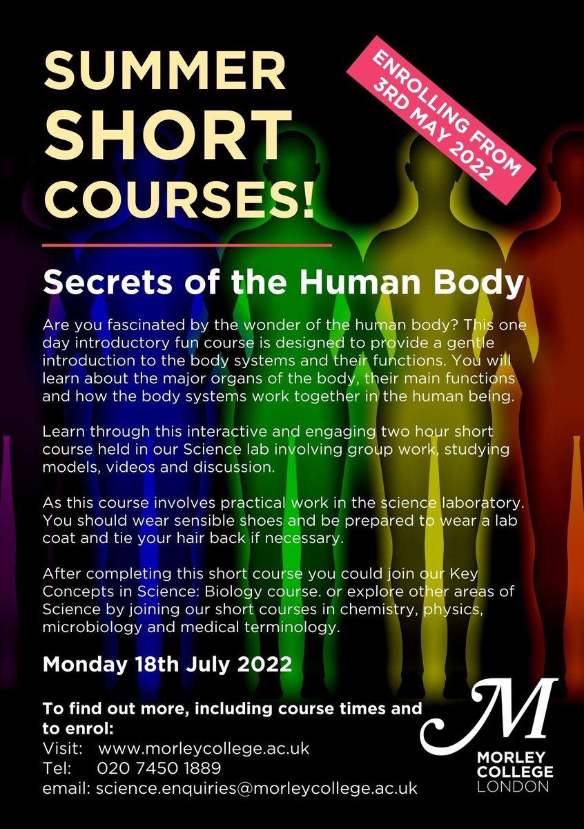 morleyscience's tweet photo. Summer is coming!!! ☀️☀️ The @morleycollege summer short course offer opens for enrolment soon! Join us at our #Waterloo Centre for this fun introduction to the #humanbody - no prior knowledge necessary! #learnscience #scienceforall #summer https://t.co/2ZJMq4oJ2F