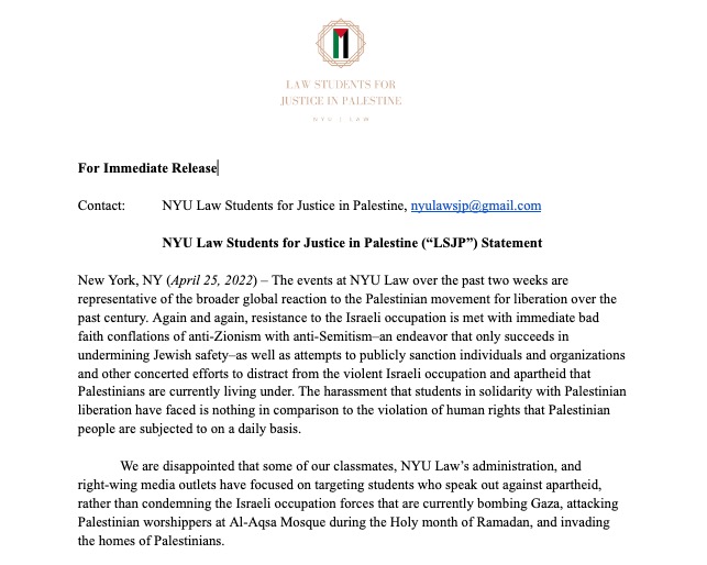 NYULSJP's tweet photo. We are disappointed that some of our classmates, the administration, &amp; media have focused on targeting students who speak out against apartheid, rather than condemning the violent Israeli occupation. Full statement here: 

https://t.co/nk0GfFzoBr https://t.co/BlzyBKdge2