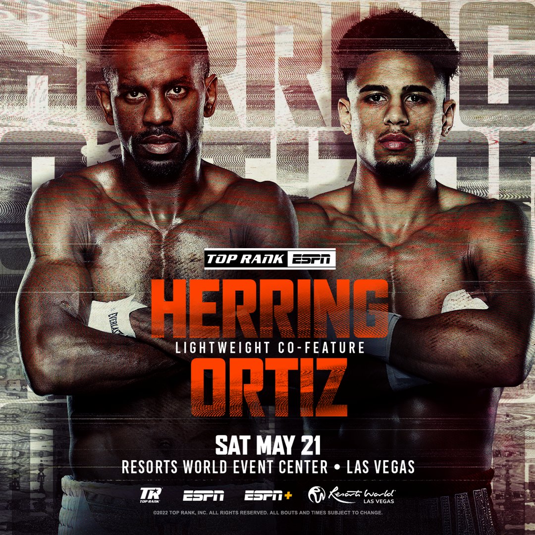 CESBoxing's tweet photo. 🚨 Undefeated Worcester, MA, native &amp; reigning NABF 135-pound champion @JamaineOrtizR (15-0-1) defends his 👑 for the 1st time vs. former junior world champ &amp; Olympian Jamel “Semper Fi” Herring (23-3) in the 10-round co-main event May 21 at @ResortsWorldLV, LIVE on ESPN and ESPN+ https://t.co/ot7jgz3q6z
