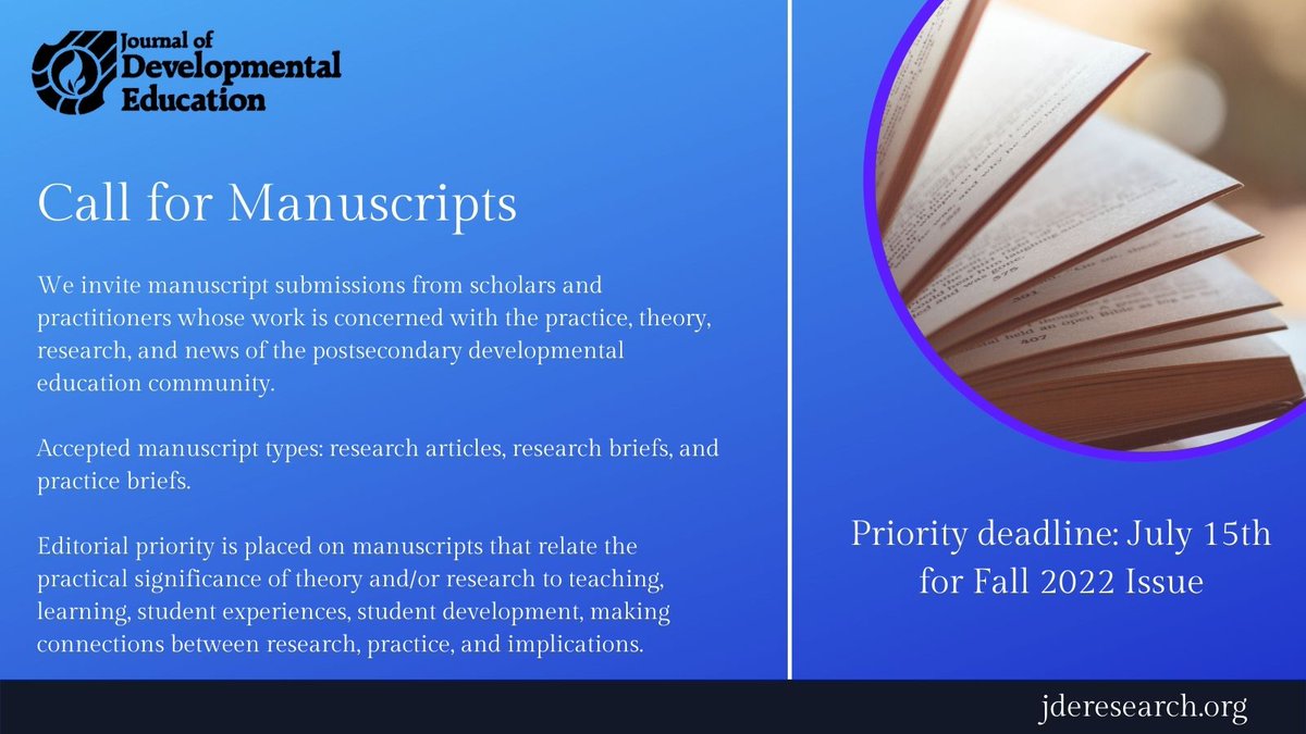 We are excited to release our Fall 2022 Call for Manuscripts. Please feel free to share with your networks. More information can be found at jderesearch.org.