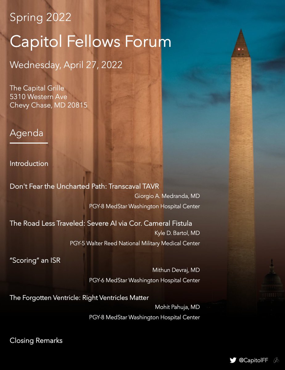 CapitolFF's tweet image. The Spring 2022 #CapitolFellowsForum is tomorrow night!

Announcing the Agenda and Fellow Presenters!

@GiorgioMedranda @kdbartol1 @Mithun_Devraj @MohitpahujaMD 

#TAVR #TransCaval #AorticDisease #CoronaryFistula  #PCI #ISR #CardiogenicShock #LVAD #RVAD