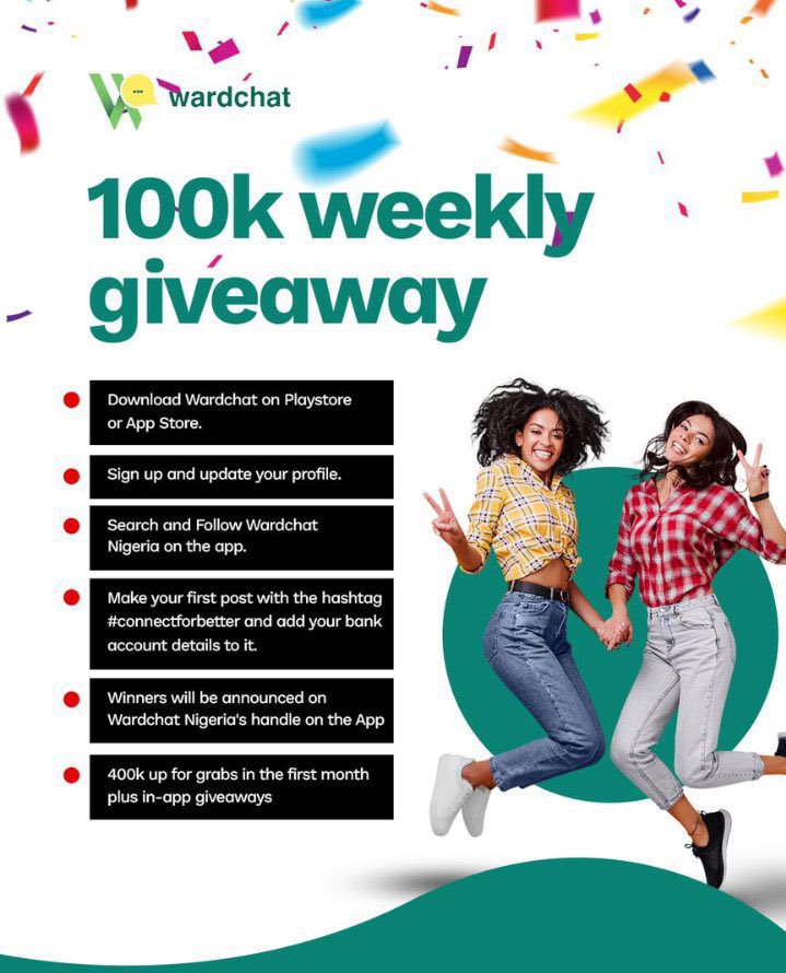 folanski's tweet photo. Hi Guys, 

It’s a brand new week! You know what that means don’t you?! Yes, another opportunity to win big in @wardchat_ng’s 100k weekly giveaway! Make sure to download the app and get registered! See details in flyer! 
#connectforbetter #connect #socialize #wardchat https://t.co/AsQv9245Ki
