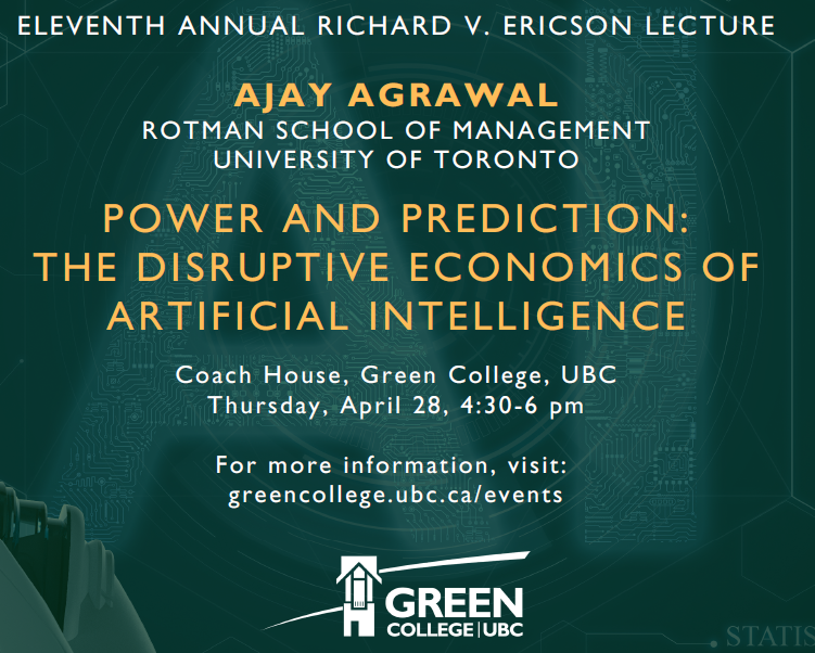 David Clough (@david_clough1) on Twitter photo UBC's Green College is delighted to welcome Prof. Ajay Agrawal this Thursday, April 28 4:30pm PT, to present on "Power and Prediction: The Disruptive Economics of AI" @GreenCollegeUBC <a href="/professor_ajay/">Ajay Agrawal</a>
Livestream available: greencollege.ubc.ca/sites/all/modu… UBC's Green College is delighted to welcome Prof. Ajay Agrawal this Thursday, April 28 4:30pm PT, to present on "Power and Prediction: The Disruptive Economics of AI" @GreenCollegeUBC <a href="/professor_ajay/">Ajay Agrawal</a>
Livestream available: greencollege.ubc.ca/sites/all/modu…