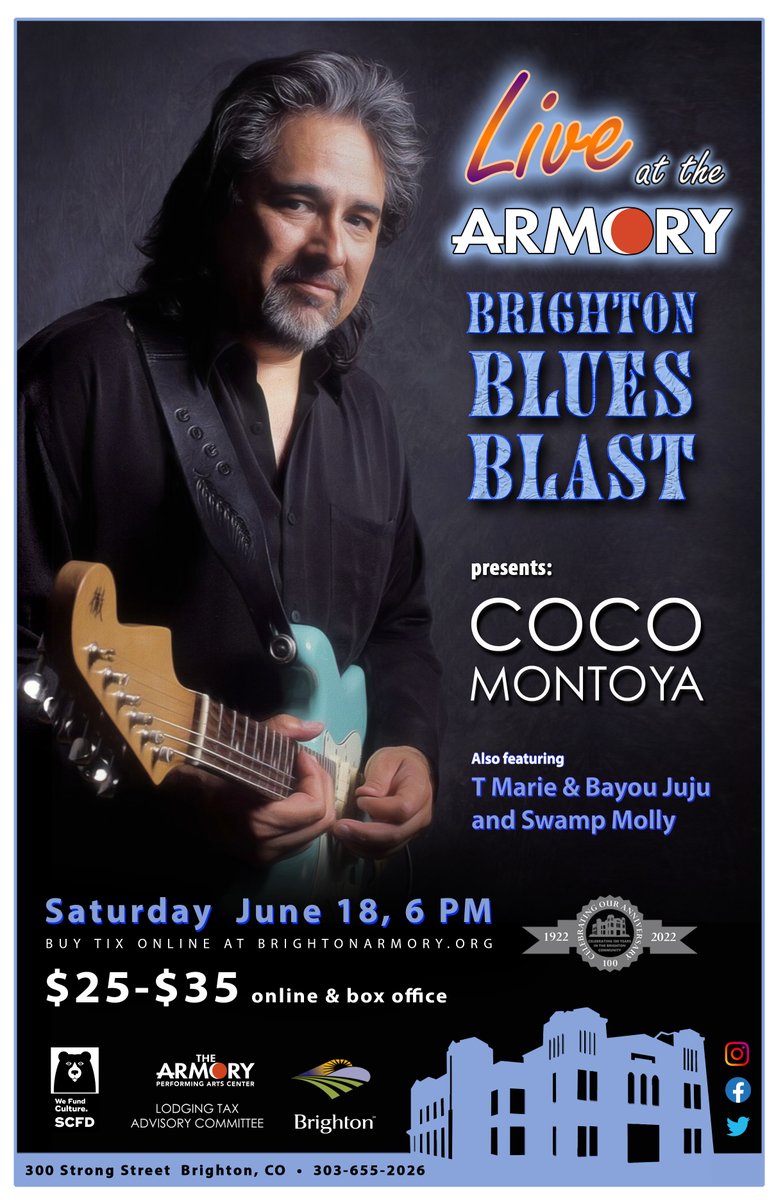 Save the date! Blues Blast is coming on June 18! Headlining this year’s event will be blues guitarist and singer Coco Montoya at 8:45 p.m. The night will also feature T Marie and Bayou Juju and Swamp Molly. Details ➡️brightonco.gov/CivicAlerts.as… #BrightonCO