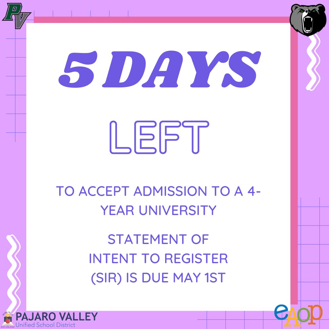 pv_eaop's tweet photo. Good news everyone!
If you want help choosing which college you want to enroll in, visit us at J101!
The Statement of Intent to Enroll is due on May 1st, that is only 5 school days away! 🐻🏫 https://t.co/4jHwccBJjy