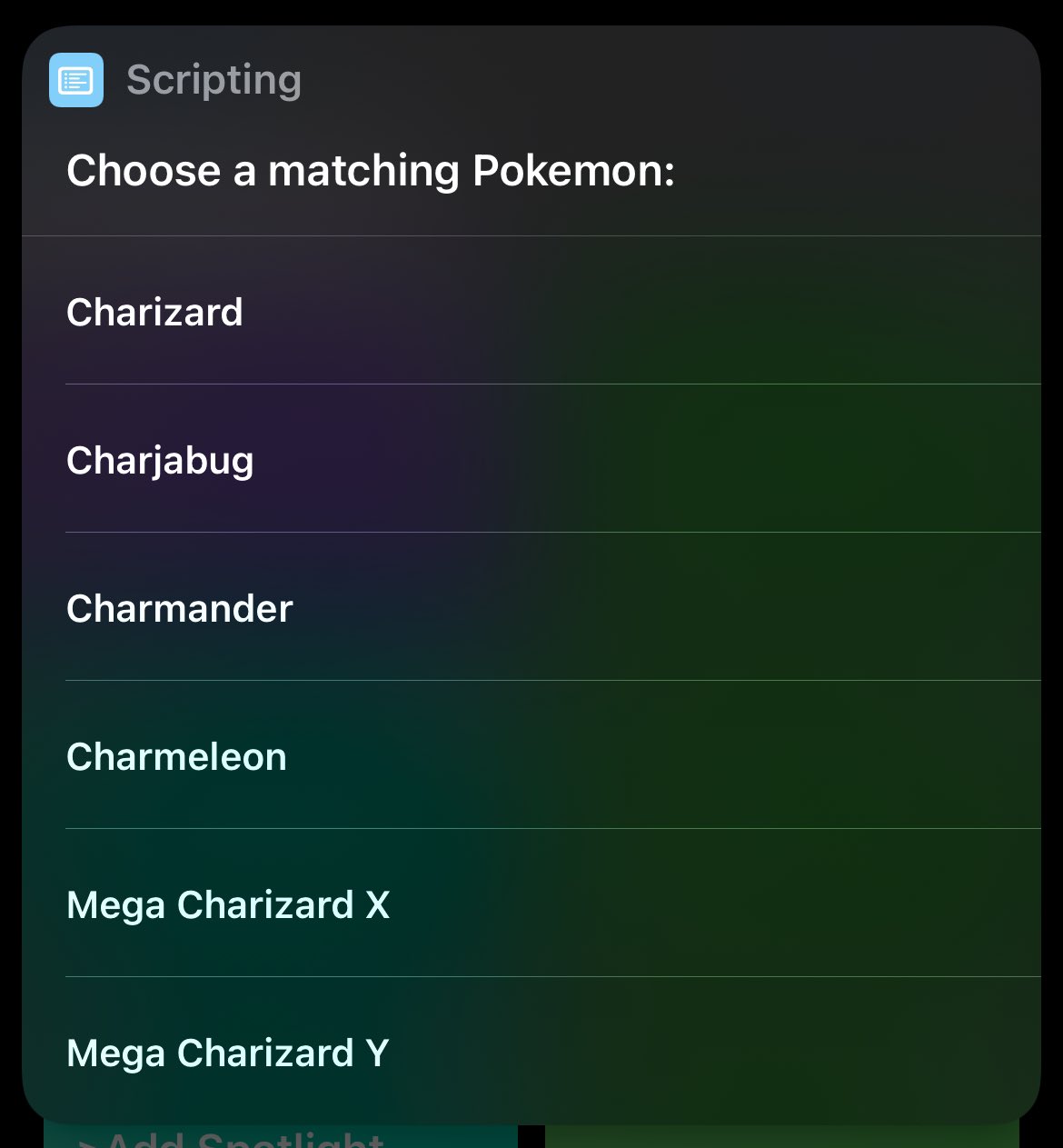 Screenshot iOS shortcut asking the user to choose from a list of matching searches
