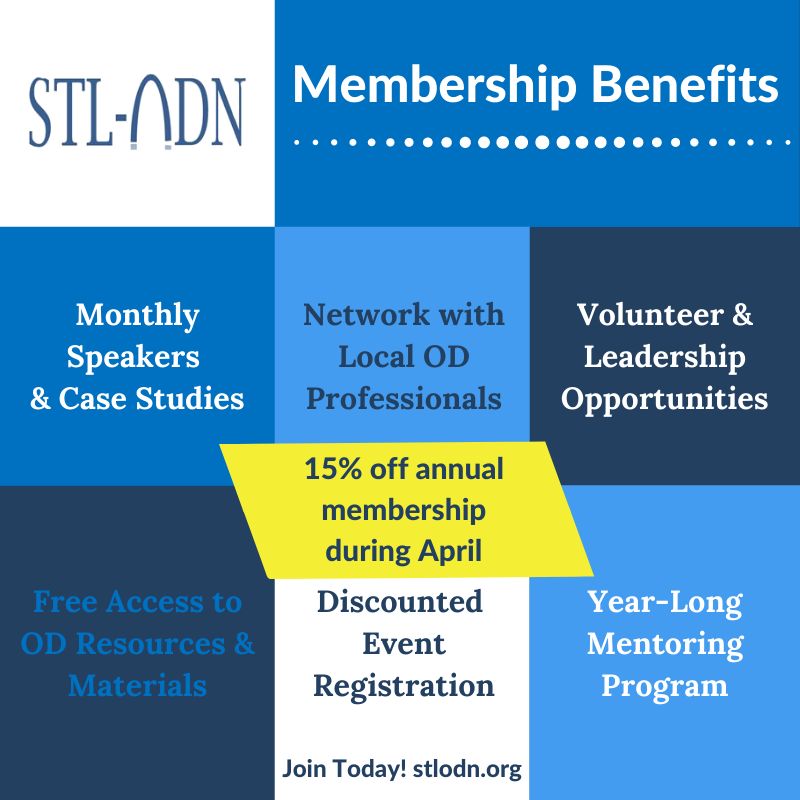 Did you know as a STLODN member you get to be in a year-long mentoring program? 

Check out more benefits at stlodn.org/joinus

#change #stlodn #growth #mentorship #organizationaldevelopment #discount #resources