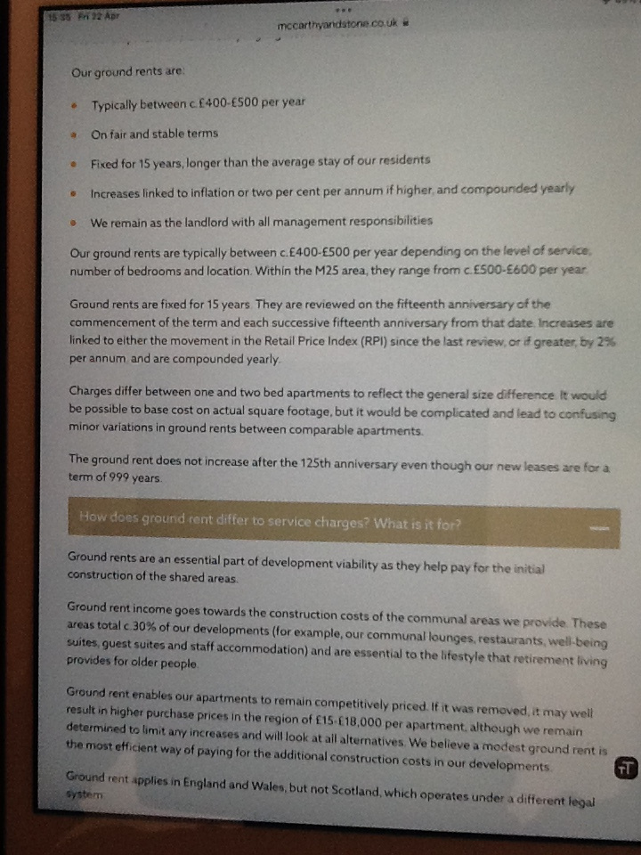 RetireHousing's tweet photo. .@McCarthyStone ground rents of £400-500pa and £500-600pa within M25 justified to pay for communal areas and construction costs and keep flats 'competitively priced'. Right. https://t.co/4TkQpMvOoo