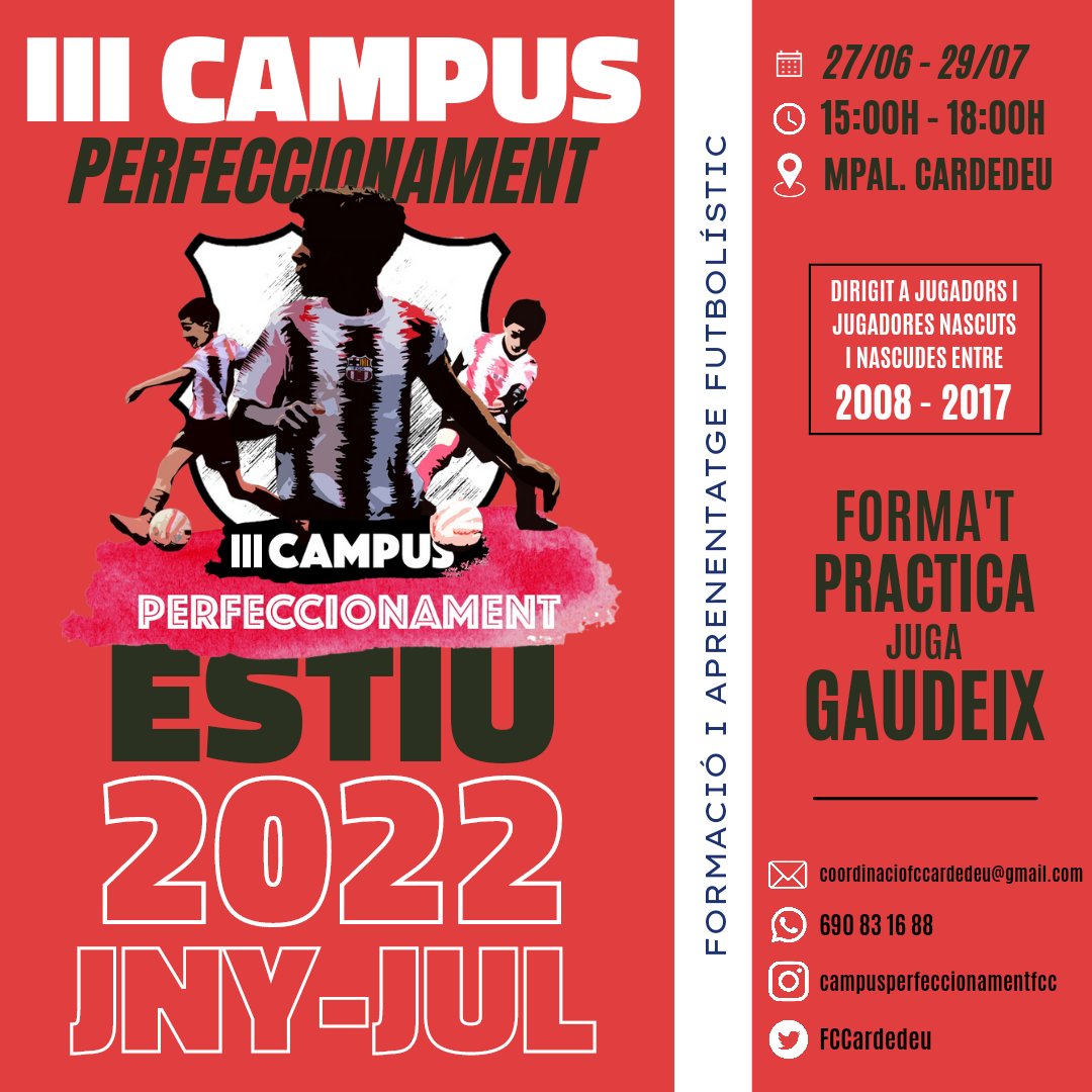 FCCardedeu's tweet photo. ☀️ CAMPUS PERFECCIONAMENT D'ESTIU 

📆 Des del 27 de juny fins el 29 de juliol
🕛 De 15:00h a 18:00h
📍 Municipal de Cardedeu
🗣️ Jugadors nascuts entre 2017-2008

👇🏼 Demana més informació i contacta'ns:
📩 coordinaciofccardedeu@gmail.com
📱 690 83 16 88

👋🏼 Us hi esperem! https://t.co/T3QW2SxfPG