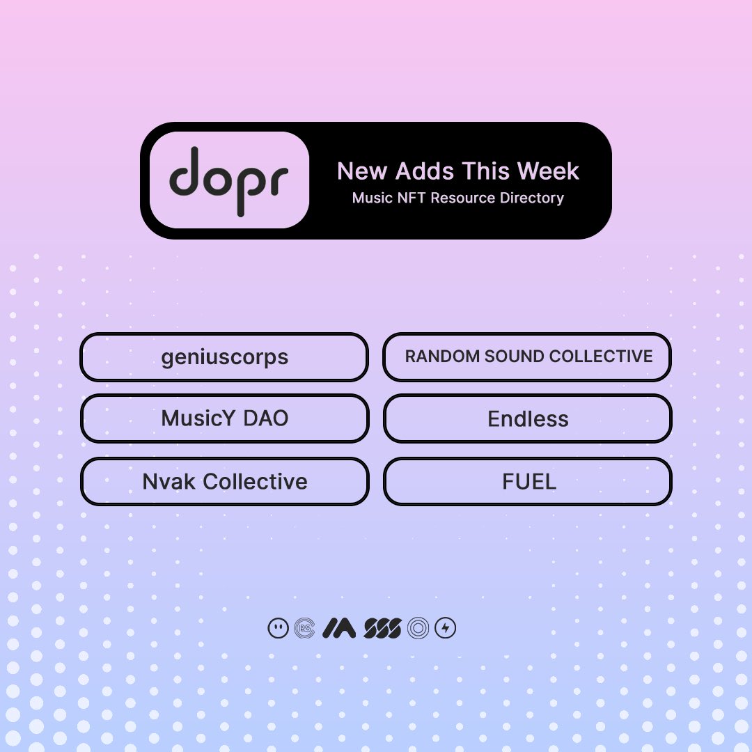 dopr_ai's tweet photo. Happy Monday! We added a bunch of new #MNFT platforms to the Directory this week bringing our total to 196. 

Streaming:@geniusc0rp
Creator Tools:@RNDMSNDC, @musicosxyz
Editions:@MusicYDao
Social:@endlesssfm
Label:@NvakCollective

Directory 👉 https://t.co/zKblrIeVvz

#Web3 #NFTs https://t.co/tnsHe7vXRe
