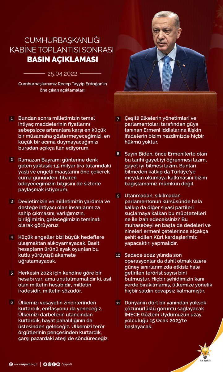 Akparti's tweet photo. Cumhurbaşkanımız @RTErdogan’ın, Cumhurbaşkanlığı Kabine Toplantısı sonrası öne çıkan açıklamaları. https://t.co/4GeM1xFUQ9