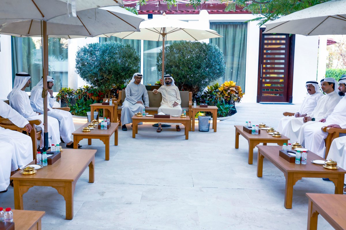 Sajwani's tweet photo. 🇦🇪 - HH Sheikh Mohammed bin Rashid and HH Sheikh Mohamed bin Zayed meet in Dubai today. Their highnesses discussed UAE’s preparations for the next 50-year phase of the nation’s growth. #ProjectsOfThe50 https://t.co/fLj9cZA8qI