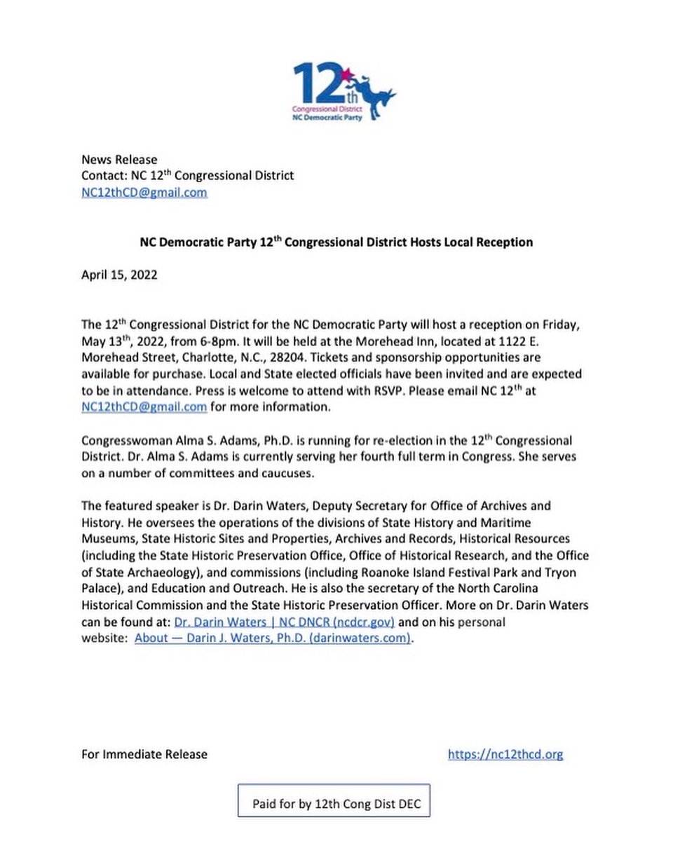 NC12thCD's tweet photo. We are delighted to invite you to the 12th Congressional District Reception taking place on Friday, May 13th. Mark your calendars and plan to attend in person! We look forward to seeing you at both the in person reception on the 13th and virtual convention on the 14th! https://t.co/xk6XmoFtjb